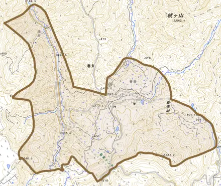 春来とその周辺の地図。町の範囲を重ねている