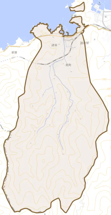 諸寄とその周辺の地図。町の範囲を重ねている