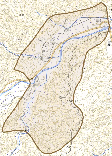 竹田とその周辺の地図。町の範囲を重ねている