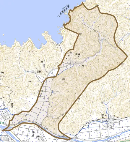 田井とその周辺の地図。町の範囲を重ねている