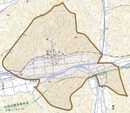 対田とその周辺の地図。町の範囲を重ねている
