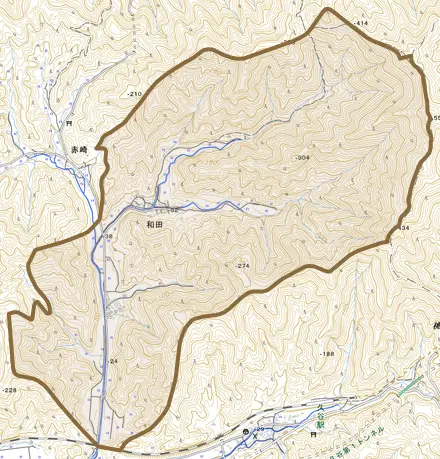 和田とその周辺の地図。町の範囲を重ねている