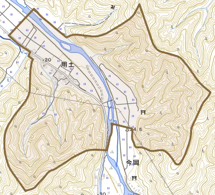 用土とその周辺の地図。町の範囲を重ねている