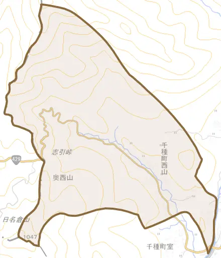 千種町西山とその周辺の地図。町の範囲を重ねている