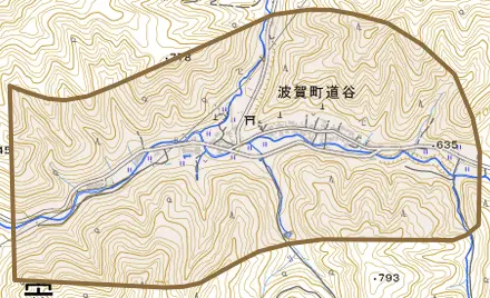 波賀町道谷とその周辺の地図。町の範囲を重ねている