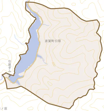 波賀町引原とその周辺の地図。町の範囲を重ねている
