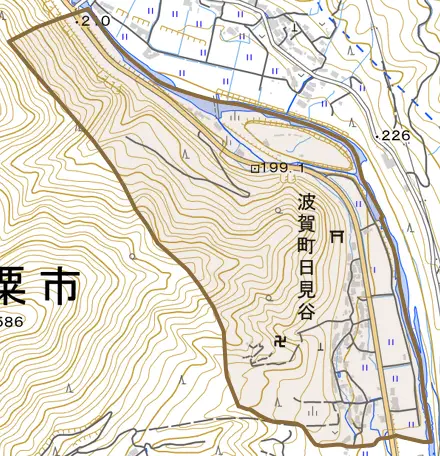 波賀町日見谷とその周辺の地図。町の範囲を重ねている