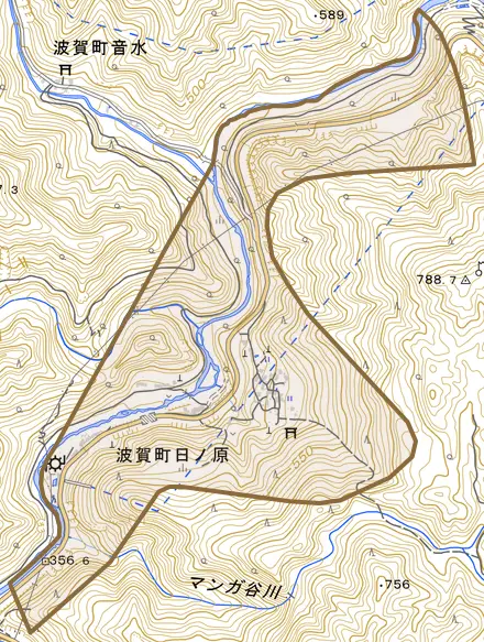 波賀町日ノ原とその周辺の地図。町の範囲を重ねている