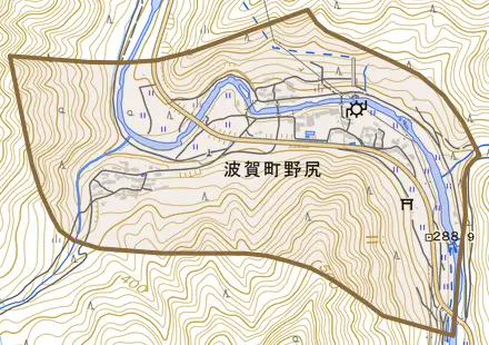 波賀町野尻とその周辺の地図。町の範囲を重ねている
