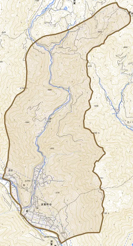 波賀町谷とその周辺の地図。町の範囲を重ねている
