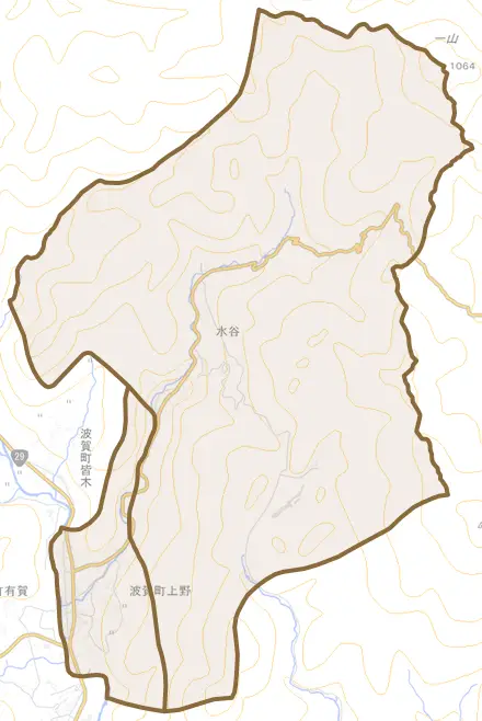 波賀町上野とその周辺の地図。町の範囲を重ねている