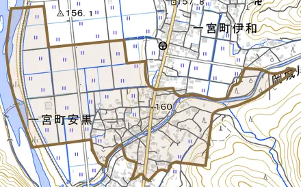 一宮町安黒とその周辺の地図。町の範囲を重ねている