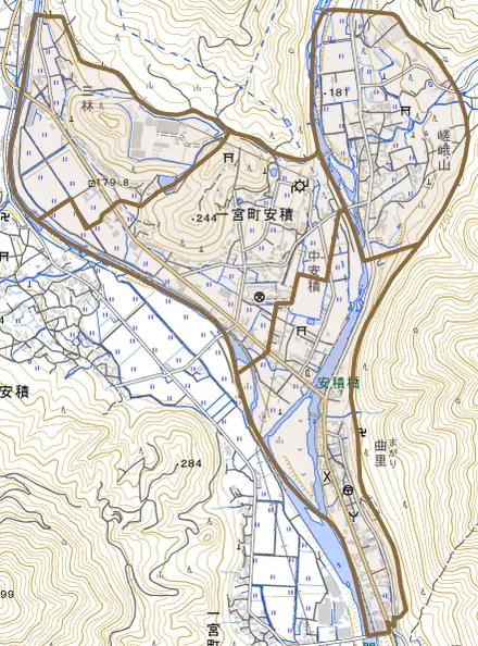 一宮町安積とその周辺の地図。町の範囲を重ねている