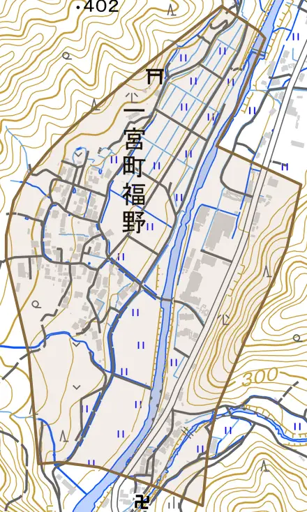 一宮町福野とその周辺の地図。町の範囲を重ねている