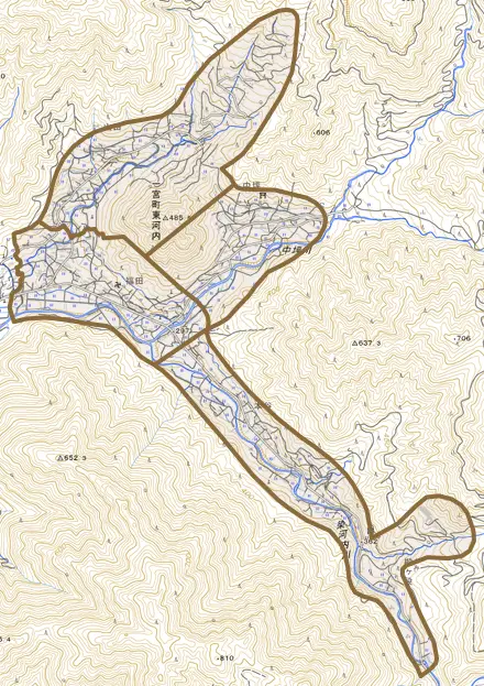 一宮町東河内とその周辺の地図。町の範囲を重ねている