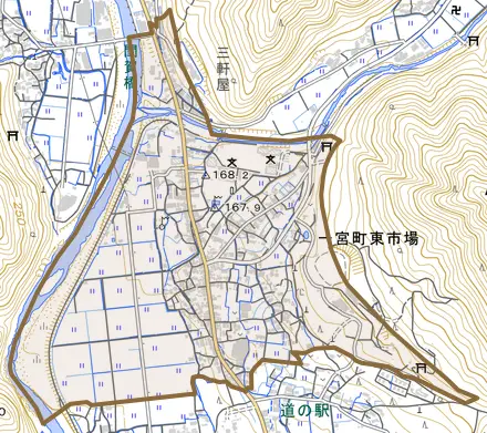 一宮町東市場とその周辺の地図。町の範囲を重ねている