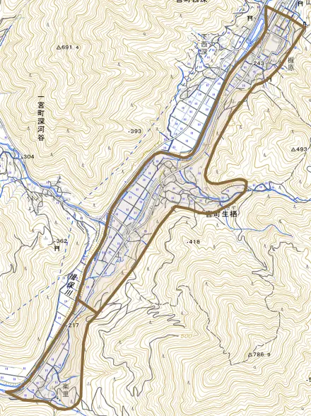 一宮町生栖とその周辺の地図。町の範囲を重ねている