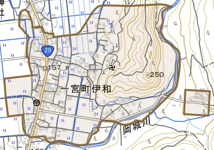 一宮町伊和とその周辺の地図。町の範囲を重ねている