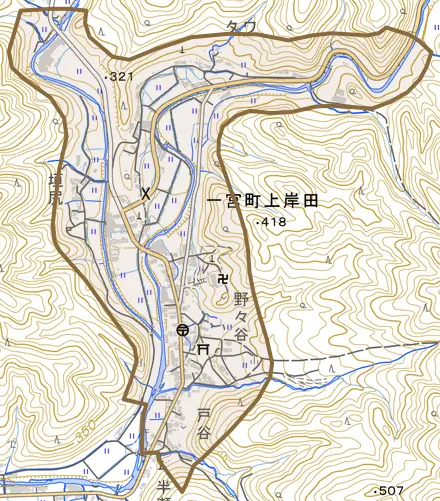一宮町上岸田とその周辺の地図。町の範囲を重ねている