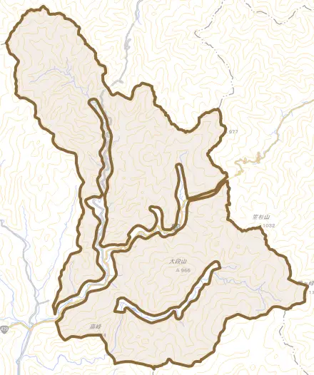 一宮町倉床とその周辺の地図。町の範囲を重ねている