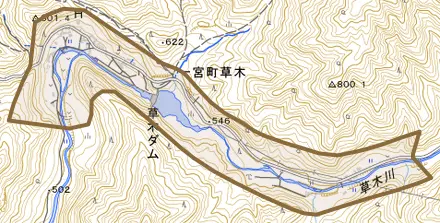 一宮町草木とその周辺の地図。町の範囲を重ねている