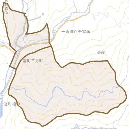 一宮町三方町とその周辺の地図。町の範囲を重ねている