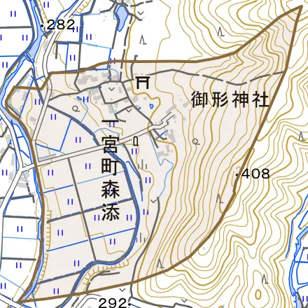 一宮町森添とその周辺の地図。町の範囲を重ねている