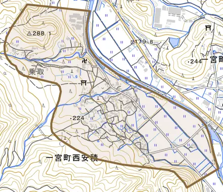 一宮町西安積とその周辺の地図。町の範囲を重ねている