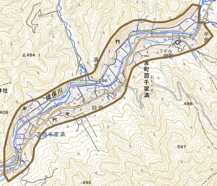 一宮町百千家満とその周辺の地図。町の範囲を重ねている