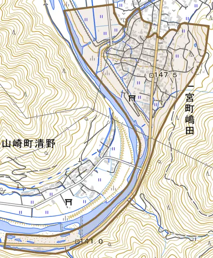 一宮町嶋田とその周辺の地図。町の範囲を重ねている