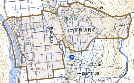 一宮町須行名とその周辺の地図。町の範囲を重ねている