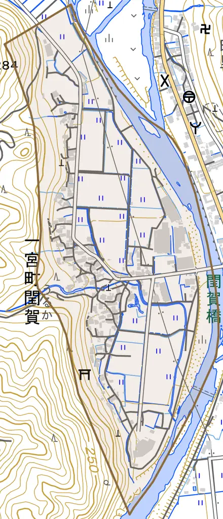 一宮町閏賀とその周辺の地図。町の範囲を重ねている