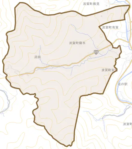 波賀町斉木とその周辺の地図。町の範囲を重ねている