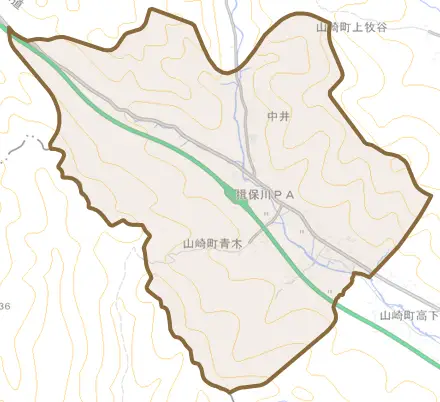 山崎町青木とその周辺の地図。町の範囲を重ねている