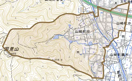 山崎町段とその周辺の地図。町の範囲を重ねている