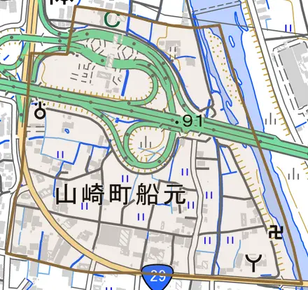 山崎町船元とその周辺の地図。町の範囲を重ねている