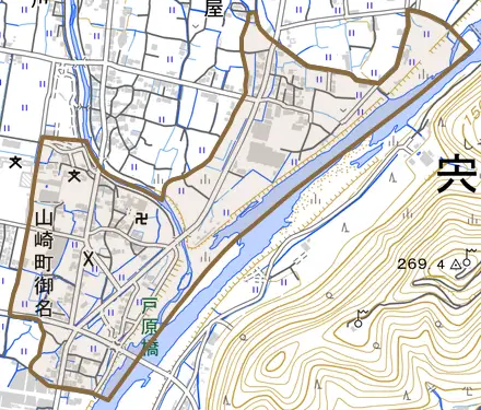 山崎町御名とその周辺の地図。町の範囲を重ねている