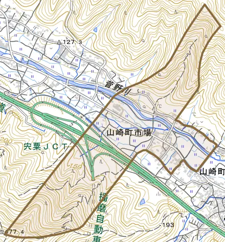 山崎町市場とその周辺の地図。町の範囲を重ねている