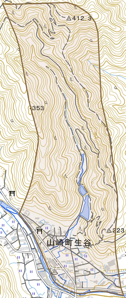 山崎町生谷とその周辺の地図。町の範囲を重ねている