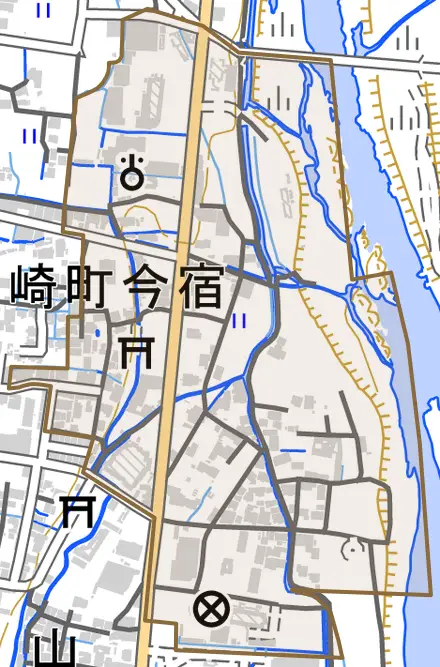 山崎町今宿とその周辺の地図。町の範囲を重ねている