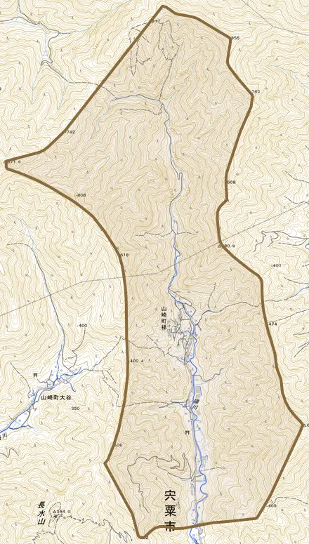 山崎町梯とその周辺の地図。町の範囲を重ねている