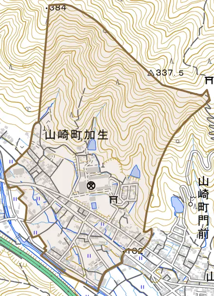 山崎町加生とその周辺の地図。町の範囲を重ねている