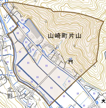 山崎町片山とその周辺の地図。町の範囲を重ねている