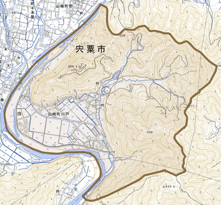 山崎町川戸とその周辺の地図。町の範囲を重ねている