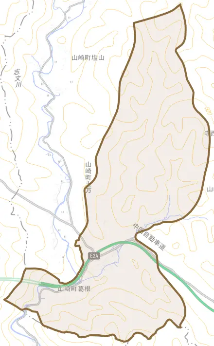 山崎町葛根とその周辺の地図。町の範囲を重ねている