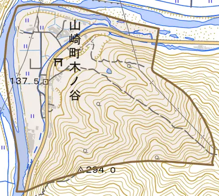 山崎町木ノ谷とその周辺の地図。町の範囲を重ねている