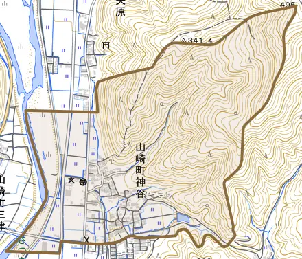 山崎町神谷とその周辺の地図。町の範囲を重ねている