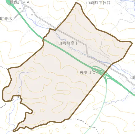 山崎町高下とその周辺の地図。町の範囲を重ねている