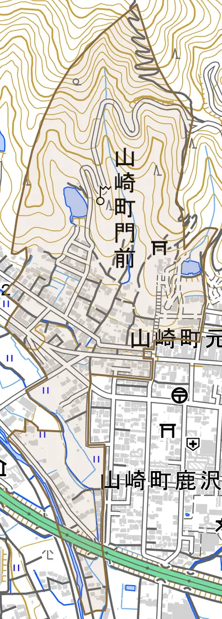 山崎町門前とその周辺の地図。町の範囲を重ねている