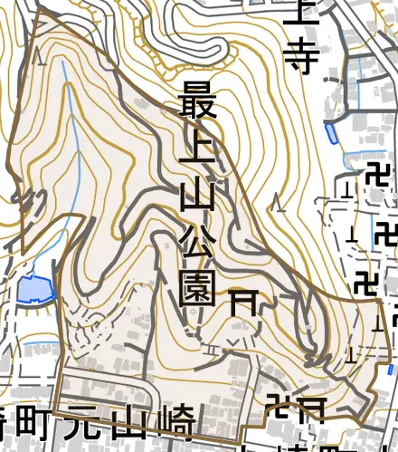 山崎町元山崎とその周辺の地図。町の範囲を重ねている